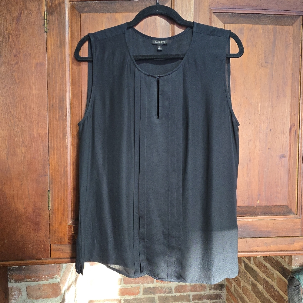 Talbots 100% Silk Black Sleeveless Top - 12 - Keyhole + Pleated Detail
